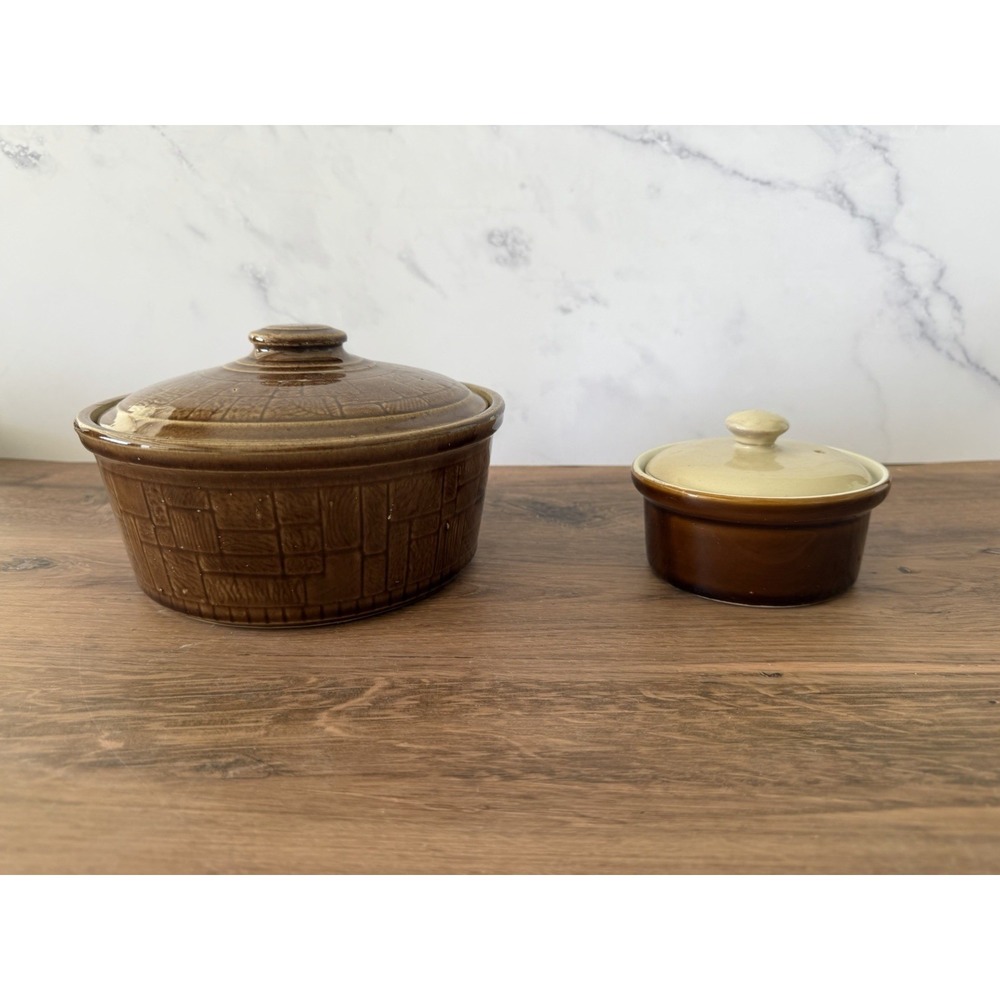 Vintage Stoneware Crocks with Lid / Brown Pottery Crock with Lid Set of 2